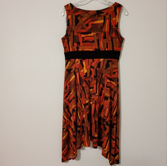 DRESSBARN ORANGE/BLACK FIT & FLARE ASYMMETRICAL SURPLICE SLEEVELES SZ 10 - Picture 7 of 10